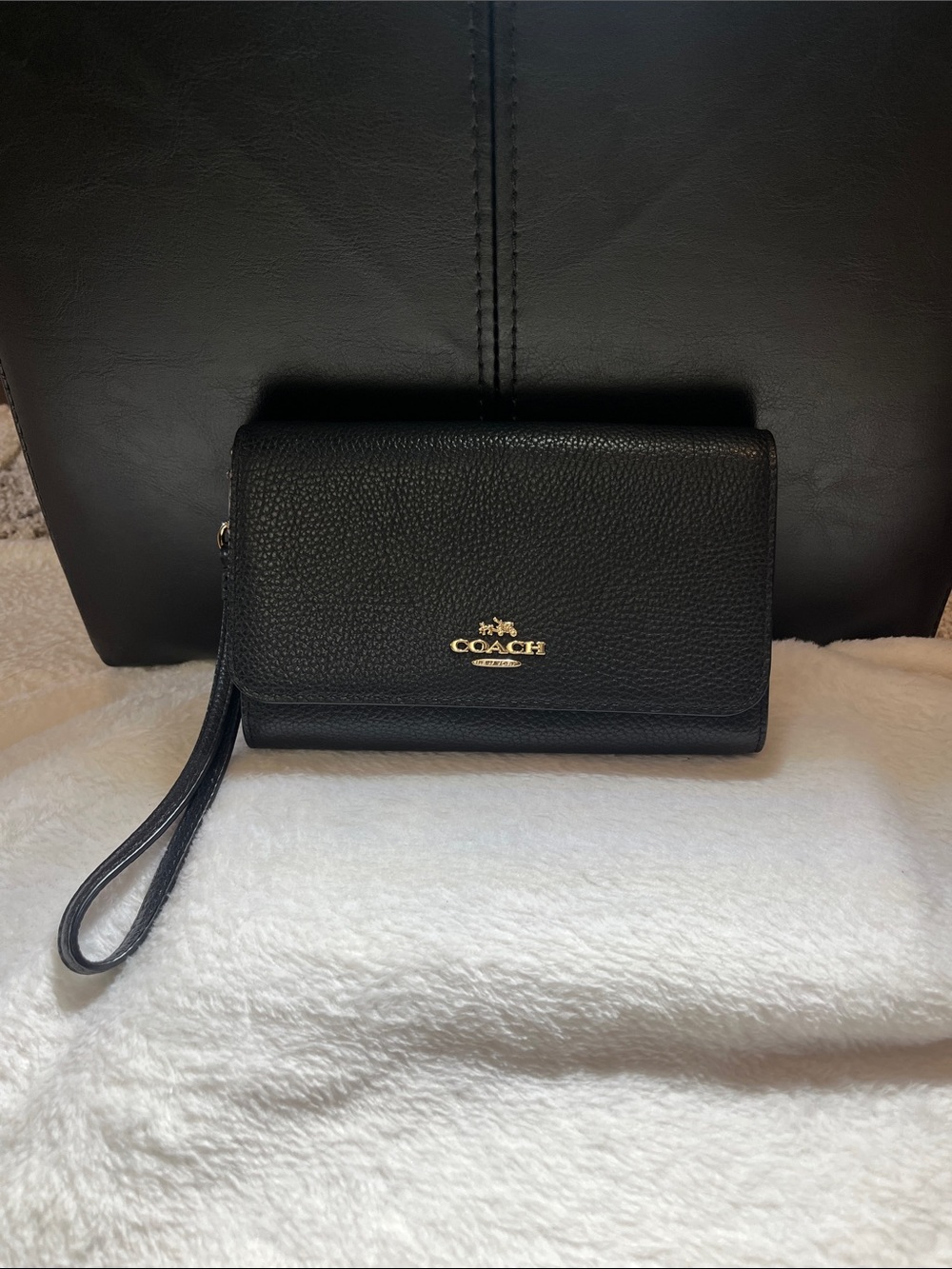 Coach Black Pebbled Leather Wristlet Wallet with Gold Logo